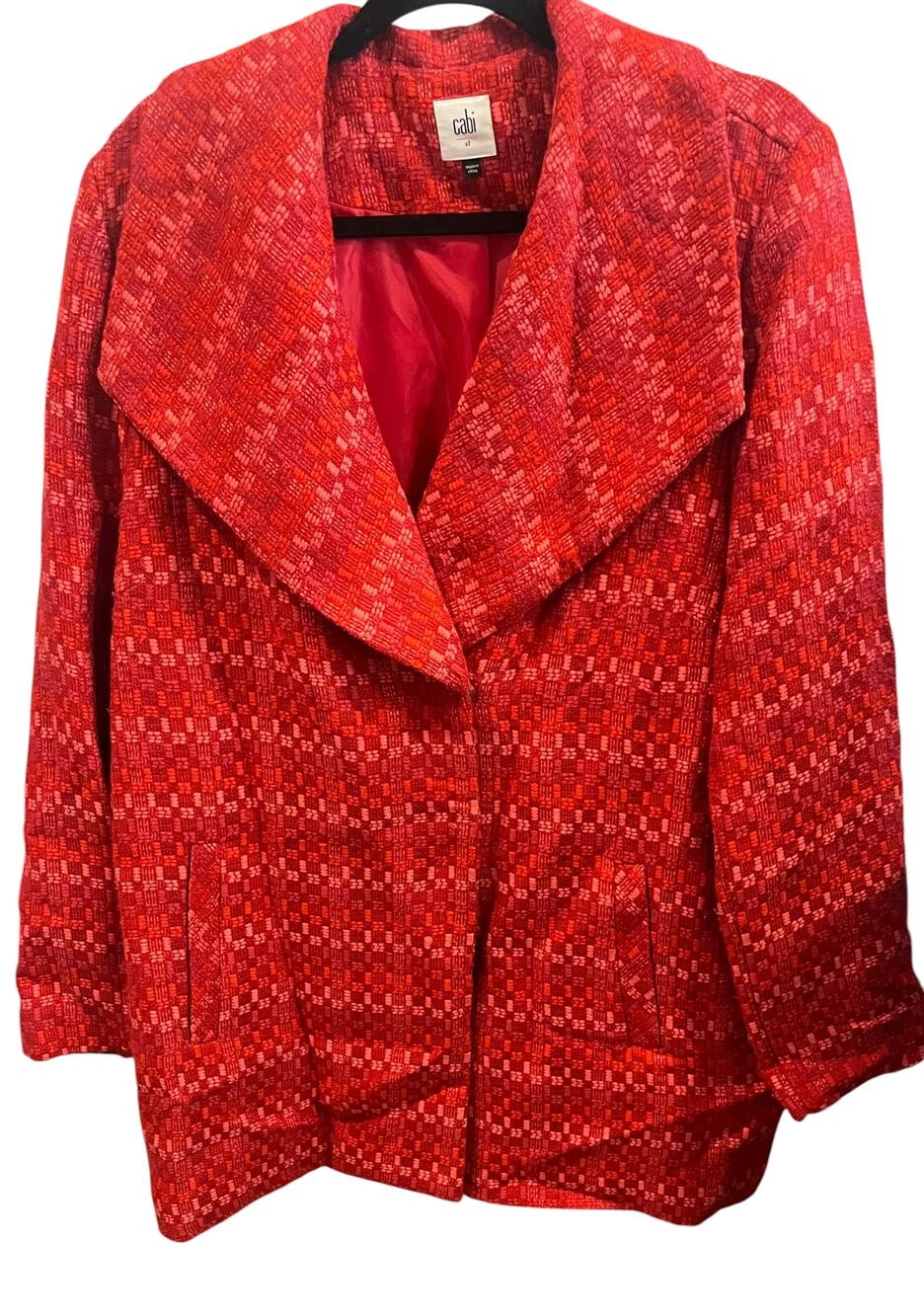 CABI LONG SLV SHAWL COLLAR MID-LENGTH TWEED WOOL BLEND COAT, WOMEN, XL, RED/PINK